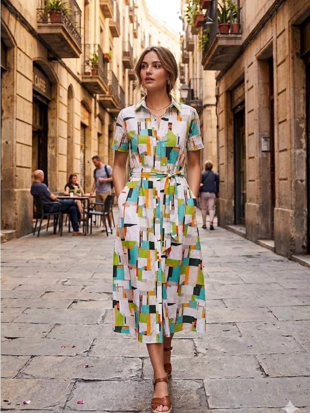 Geometric Print Collared Midi Shirt Dress in Multi-Color